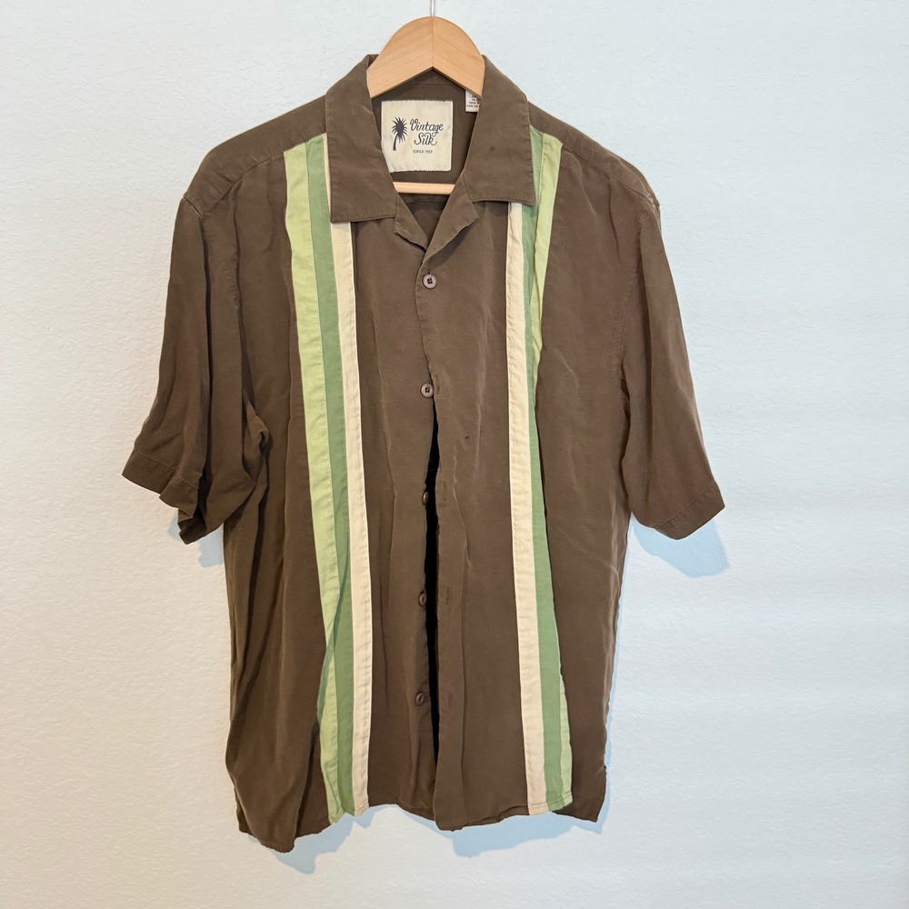 Vintage Silk Mens XL Bowling Shirt Brown Green Striped Camp Casual Button Up